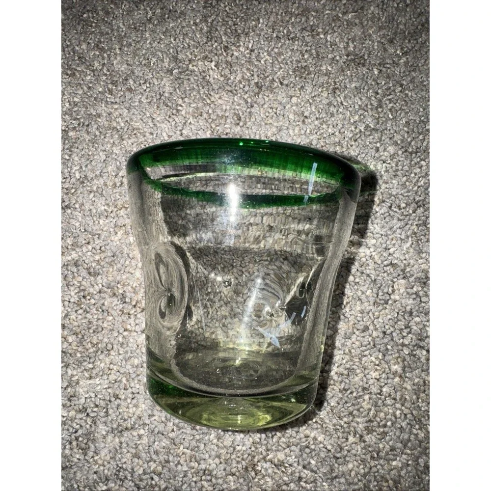 Set 2 Hand Blown Vtg Green Rim Mexican Glasses Old Fashion Rocks Margarita 4